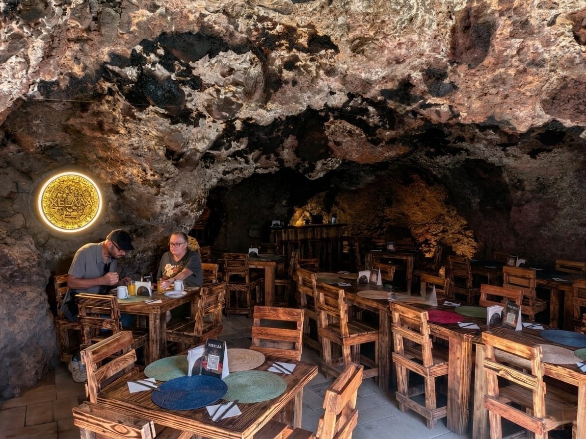 Guests having breakfast inside Xelaaa cave restaurant near Teotihuacan, with natural rock ceiling and warm lighting