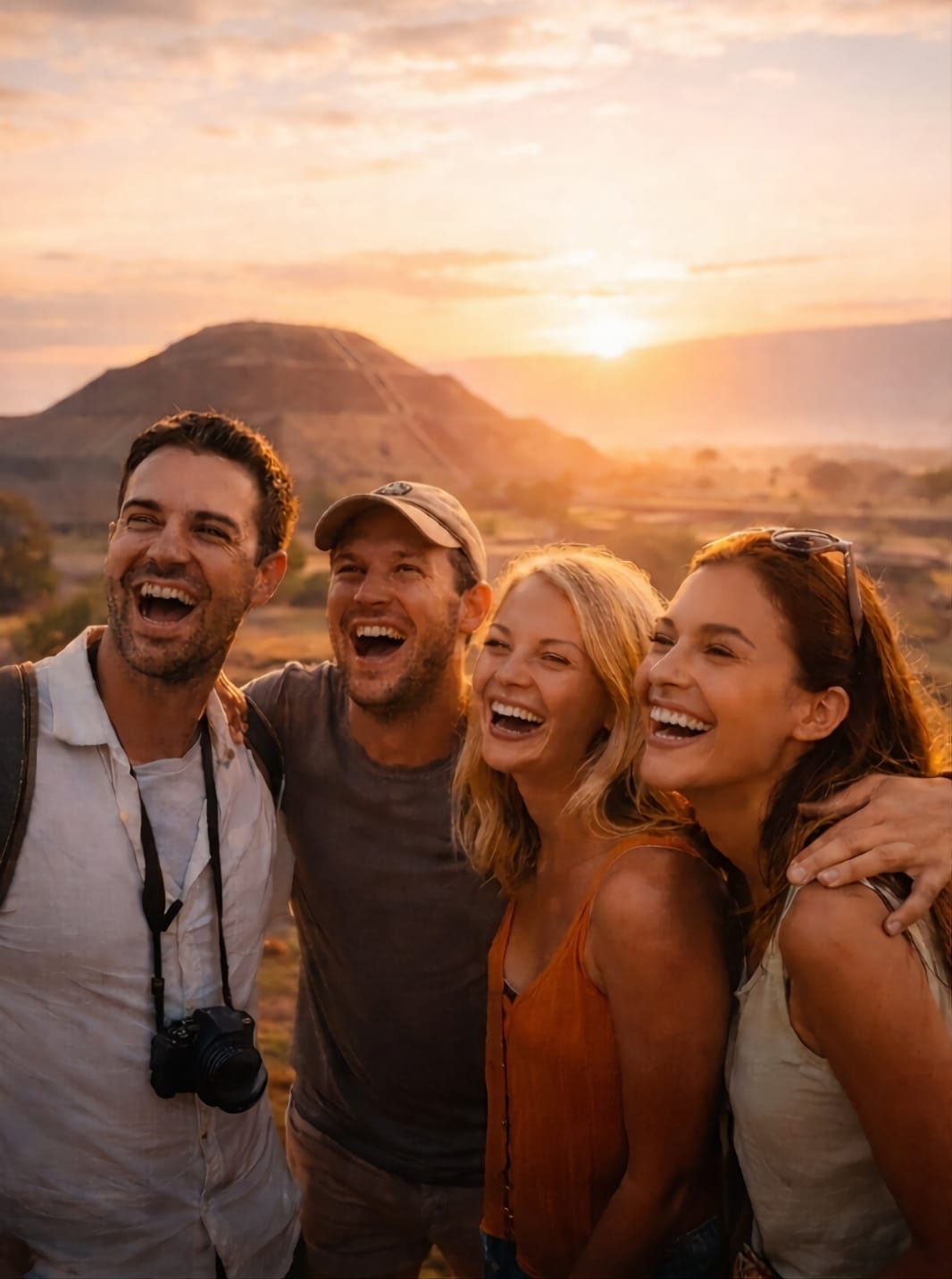 Travelers laughing together at sunrise with a Teotihuacan pyramid behind them